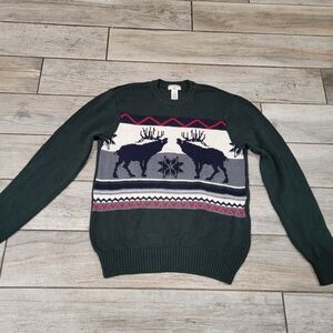 Moose sweater dk green reindeer rustic ski pullover mens sz Med